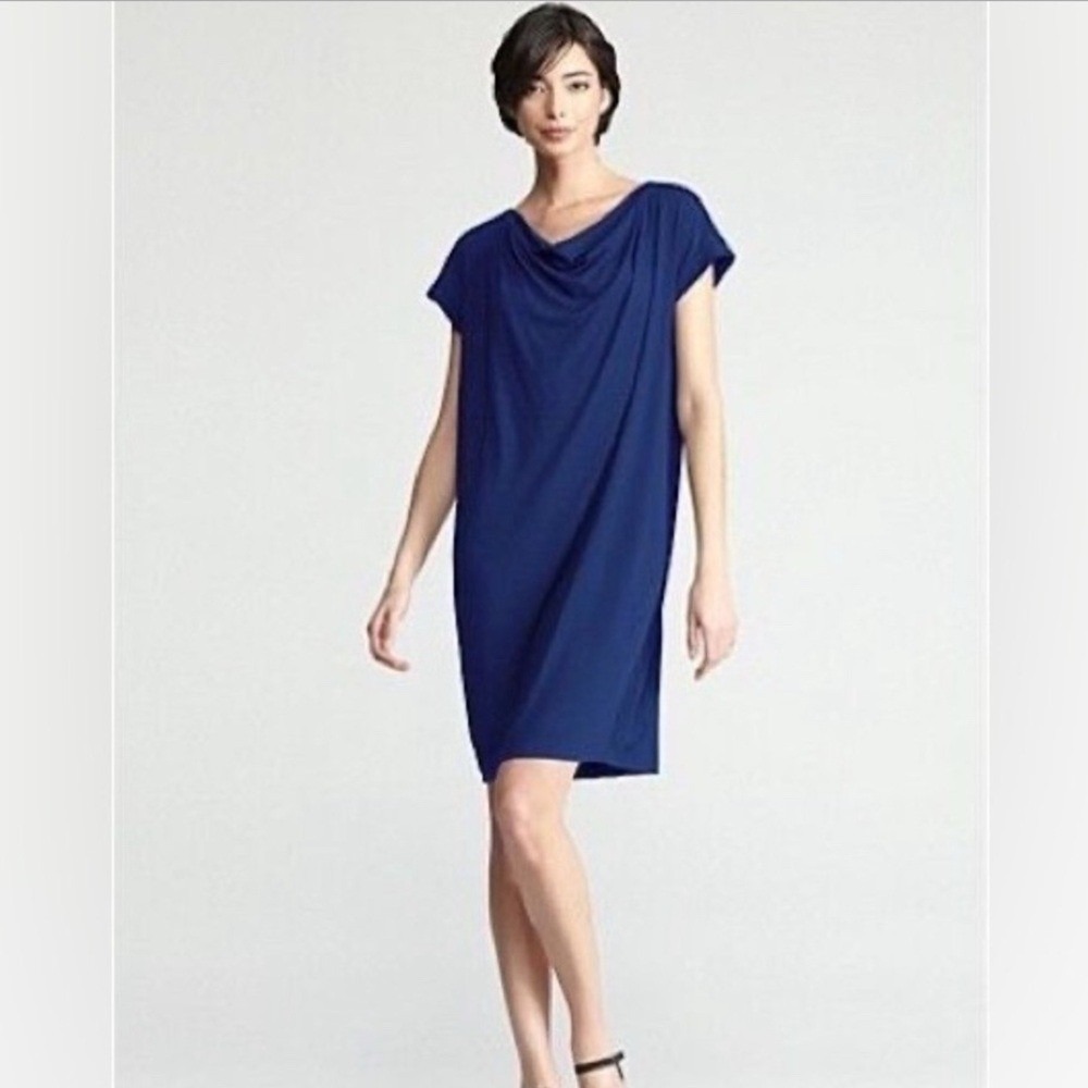 Eileen Fisher Navy Draped Neck Jersey Shift Dress Size Medium Stretch Officewear
